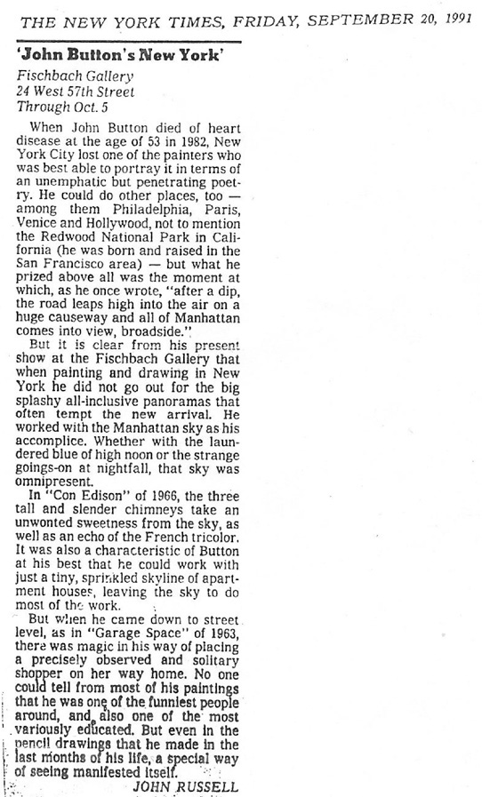 Article in the New York Times writen about the artist John Button after his death 